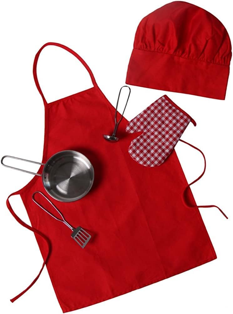 Kids Chef Cooking Gift - Red Apron, Hat & 4 Piece Stainless Steel Frying Pan Set
