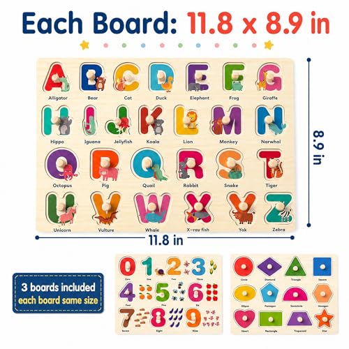 Image of Wooden Peg Puzzles for Toddlers, 3 Pack Large Wooden Knob Puzzles for Ages 3-5, Montessori Shape Matching Toys, Preschool Learning Puzzles for Fine Motor Skills, Birthday Gifts for Boys Girls 3 4 5