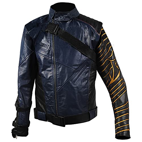 Mens The Falcon and The Winter Soldier War Bucky Barnes Cosplay Blue Biker Faux Leather Jacket