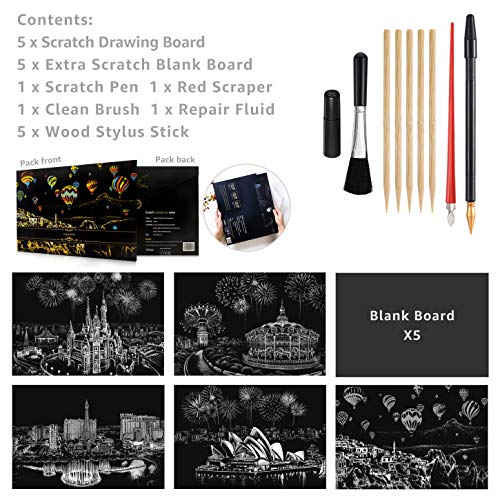Scratch Painting Kits, Craft Art Set for Adults & Kids, Rainbow Sketch Painting Paper, Scratchboard, 16\'\' x 11.2\'\' - 5 Pack with 9 Tools(Amusement Park / Castle / Las Vegas / Sydney / Hot Air Balloon)