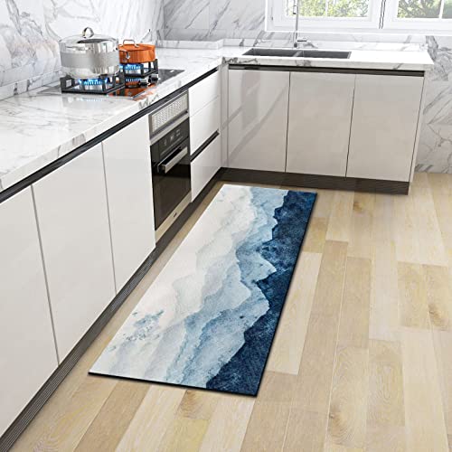 Blue Anti-Fatigue Kitchen Mats Set Of 2 Watercolor Mountain Kitchen Rugs Farmhouse Kitchen Floor Mat Washable Kitchen Rug Non Skid Comfort Standing Mat Set For Sink Laundry, 17.3X28+17.3X47 Inch #TOP3