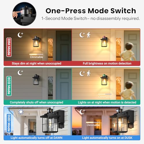 Image of Gleamz Black Porch Light with GFCI Outlet, Outdoor Light Fixture with Outlet, Motion Sensor Outdoor Wall Light, Front Porch Light with Seeded Glass, Exterior Wall Lantern for Garage, Waterproof