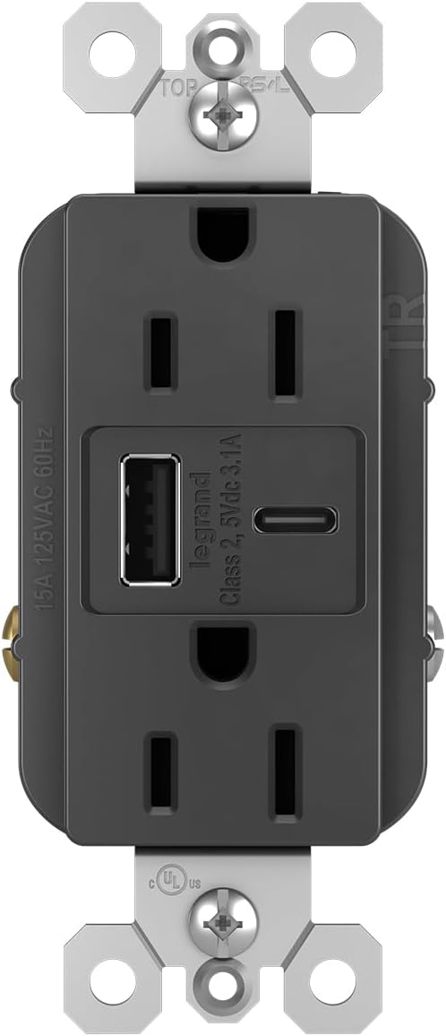Legrand Pass & Seymour Radiant 15 Amp Wall Power Outlet with 3.1 Amp USB Charger, Black | Pass & Seymour USB Charger, Child Safe Tamper Resistant Shutters, 2 Port, Convenient USB Charging, No Adapter Needed