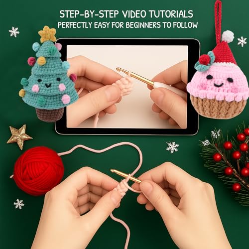 Image of HOUSE CREATIVITY Crochet Kit for Beginners - Make a Christmas Tree & Cupcake, Amigurumi Crochet Starter Kit with Video Tutorial, Yarn & Hook, DIY Holiday Ornament & Cute Desk Decor Gift