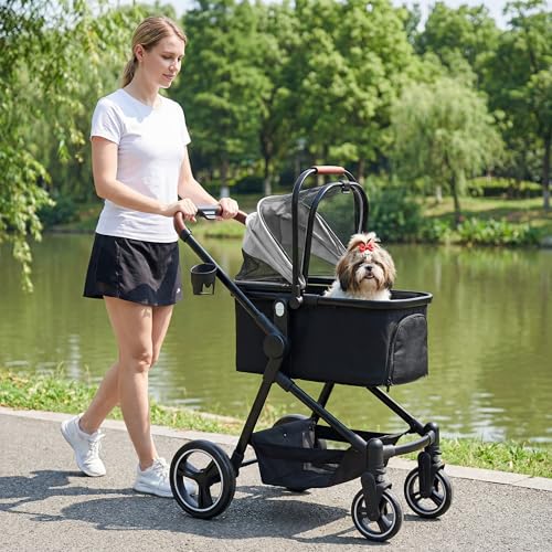 Image of 3-in-1 Foldable Pet Stroller for Dogs & Cats, 33lbs | All-terrain 7 inch /10 inch wheels | Compact storage | Storage basket | Breathable linen | Cup holder & rear brakes