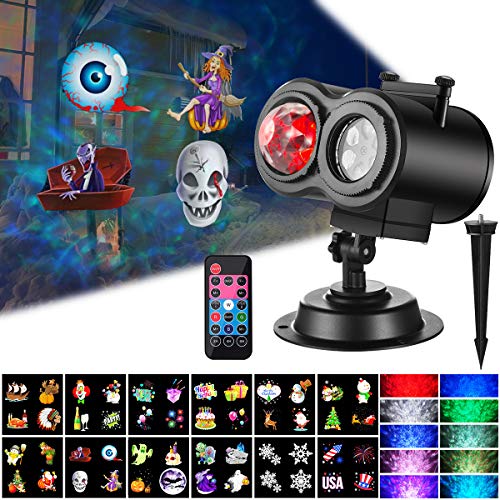 Ocean Wave Christmas Projector Lights 2-in-1 Moving Patterns with Ocean Wave LED Landscape Lights Waterproof Outdoor Indoor Xmas Theme Party Yard Garden Decorations, 14 Slides 10 Colors (Black)