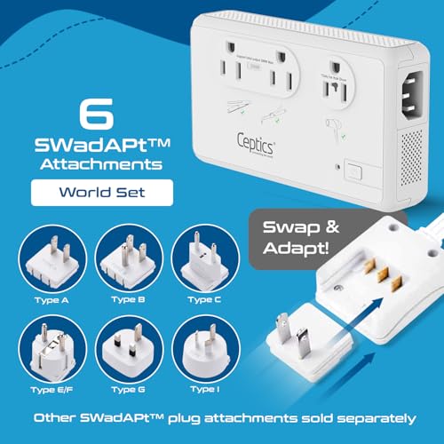 Image of Ceptics 220V to 110V Travel Voltage Converter for Hair Dryer, 2000W & 200W outlets for Dryers, Curling Iron, Straightener, Chargers, Step Down, 4 USB Ports (1x USB-C) with 6 SWadApt attachments