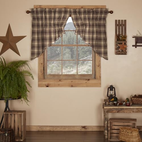 VHC-Brands-Woodland-Brown-Rustic-Kitchen-Curtains-Dawson-Star-Rod-Pocket-Cotton-Drawstring-Ties-Plaid-Prairie-Swag-Pair VHC Brands Woodland Brown Rustic Kitchen Curtains Dawson Star Rod Pocket Cotton Drawstring Ties Plaid Prairie Swag Pair