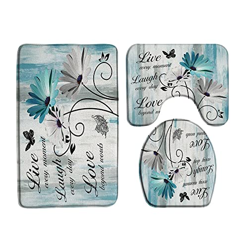 Farmhouse Floral 3 Piece Bath Rugs Set,Teal Daisy Inspirational Quotes Butterfly Rustic Wooden Turquoise Blue Bathroom Kitchen Rug with 17.8