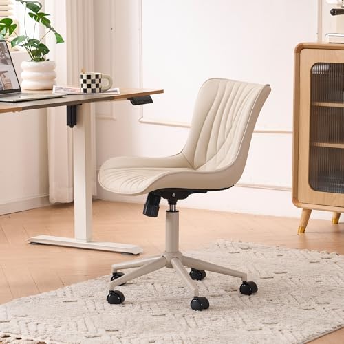 Image of YOUTASTE All Cream Office Chair, Modern Armless Desk Chair with Back, Adjustable Swivel Rolling Faux Leather Task Chair with Wheels Metal Base for Home Office, Study, or Vanity