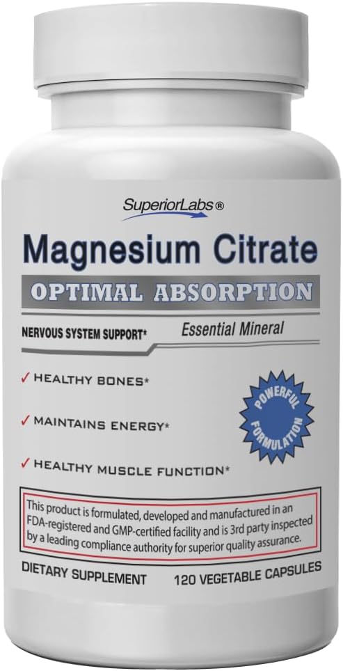 Superior Labs Magnesium Citrate 1250mg, High Absorption, Non-GMO, Additive-Free & Gluten-Free, Promotes Calm Sleep, Eases Muscle Cramps & Twitches, Supports Constipation Relief, 120 Veg Caps