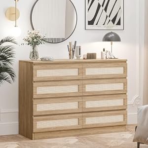 8 Drawer Double Dresser for Bedroom, Rattan Chest of Dressers, Modern Wooden Dresser Chest, Beside Table for Closet, Nursery, Living Room and Entryway, Natural 8 Drawer Double Dresser for Bedroom Rattan Chest of Dressers Modern Wooden Dresser Chest Beside Table for Closet Nursery Living Room and Entryway Natural