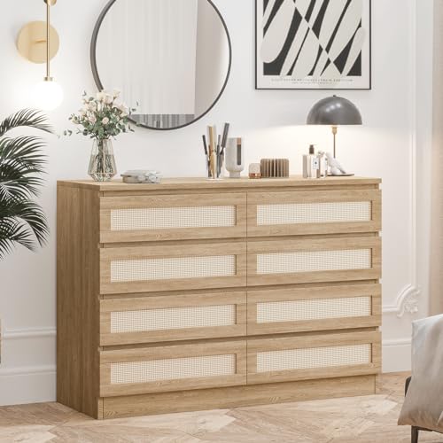 8-Drawer-Double-Dresser-for-Bedroom-Rattan-Chest-of-Dressers-Modern-Wooden-Dresser-Chest-Beside-Table-for-Closet-Nursery-Living-Room-and-Entryway-Natural 8 Drawer Double Dresser for Bedroom Rattan Chest of Dressers Modern Wooden Dresser Chest Beside Table for Closet Nursery Living Room and Entryway Natural