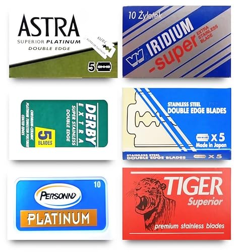Astra-KAI-Persọnna-Wizamet-Tiger Double Edge Razor Blades Sampler (40 blades, 6 different brands)