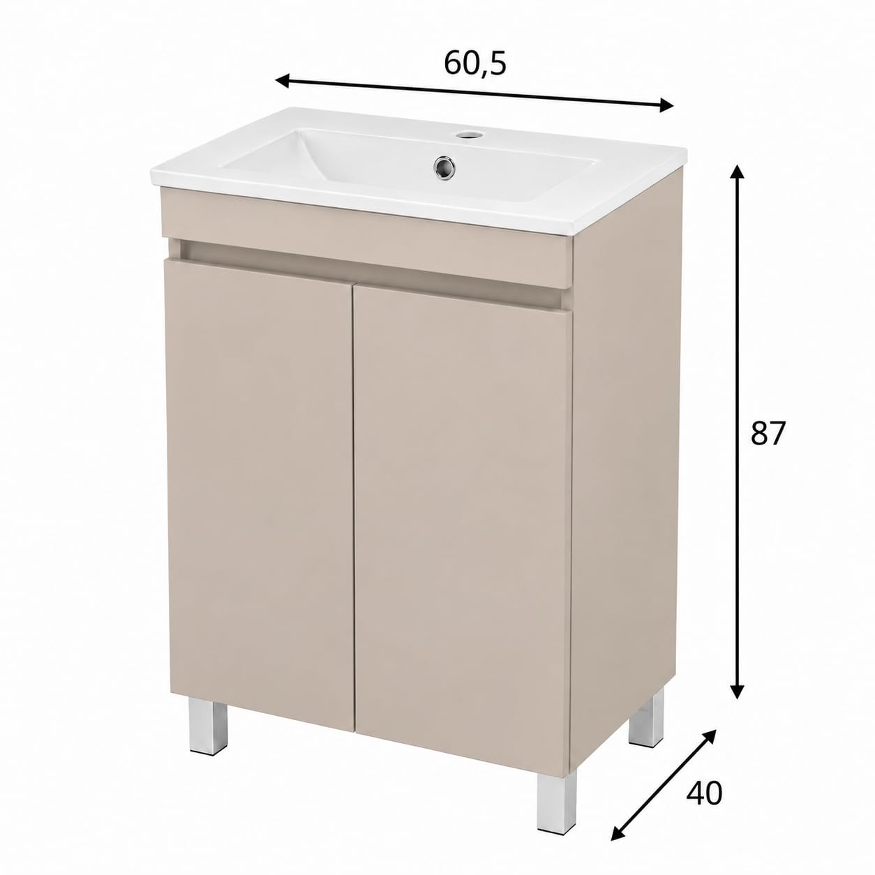 Mueble de baño con lavabo de pie con lavabo con acabado en cachemira (beige) mate, 60 x 40 cm, sistema de cierre suave.
