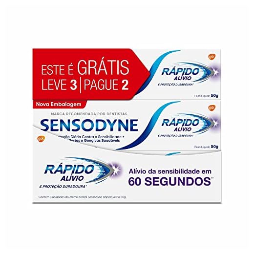 Sensodyne Creme Dental Rápido Alívio e Proteção Duradoura para Dentes e Gengivais Sensíveis, Leve 3 unidades e Pague 2, 50g cada