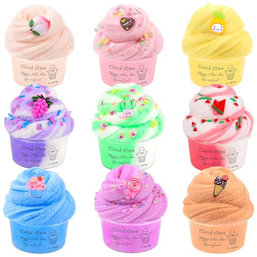 Cloud Slime Kit 9 Pack with Peach Watermelon Pineapple Cake Slime Charms DIY Slime Supplies for Girls and Boys Stress Relief Toy for Kids Education Party Favour Gift and Birthday