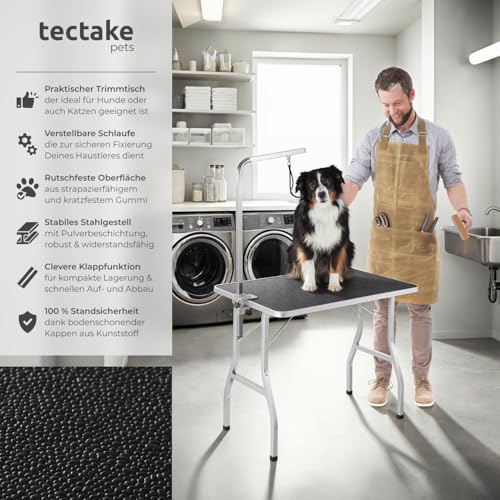 tectake® Haustier Trimmtisch, Frisiertisch Hund und Katze, Pflegetisch, Hundefriseur Zubehör, Dog Grooming, mit Galgen, Groomer Tisch klappbar, Schertisch Hund gummiert und Kratzfest - schwarz/grau