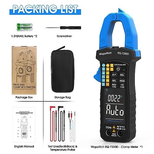 Digital Clamp Meter TRMS 6000 Zählt Multimeter, WapoRich Amperemeter Voltmeter Tester mit Auto Range NCV misst AC DC Spannungs-Stromwiderstand Kontinuität Kapazität Dioden Temp Frequenz RQ-7200D