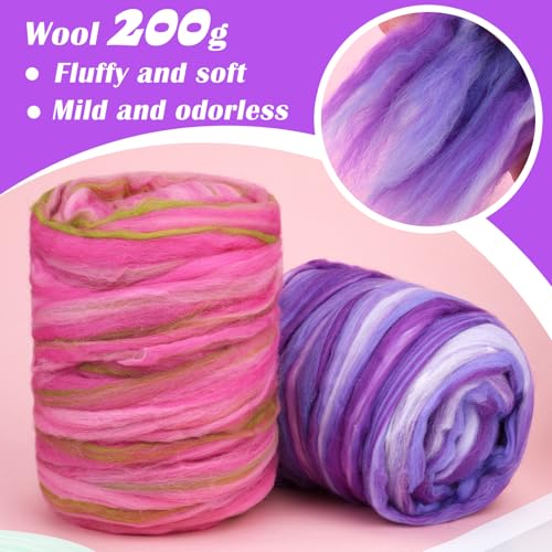 Image of Wool Roving 7.02oz Colored Natural Needle Felting Wool Bulk for Spinning, Arm Knitting Blanket, Wet Felting, Handcrafts, Yarn Roving for DIY Craft Materials(Lavender Ombre)