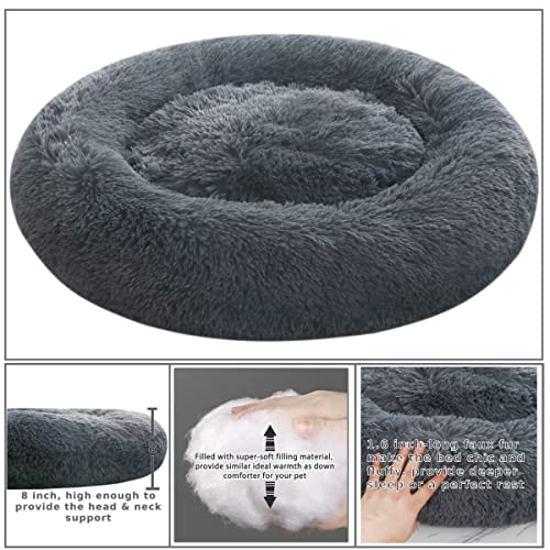 Comlax Beruhigende Donut Hundebetten XXL, Rundes Kissen mit abnehmbarem waschbarem Bezug, Anti-Angst-Kunstfell-Kuscheltier, Flauschiges, bequemes, pelziges Haustierbett (100cm, Dunkel Grau)