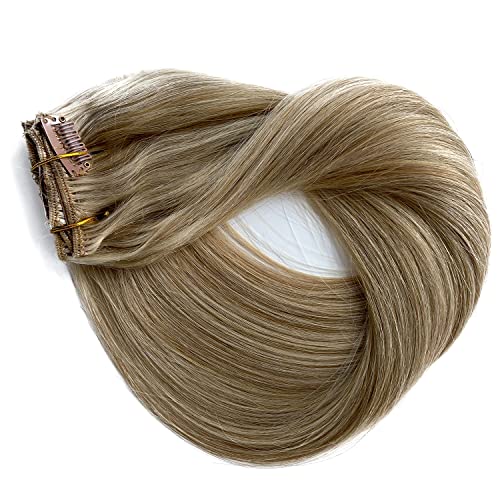 Clip In Hair Extensions Real Human Hair, Ash Blonde Highlighted Blonde Remy Human Hair Clip In Extensions 18Inch 7Pcs 70G Double Weft Real Hair Extensions Clip In Human Hair For Fine Hair Women #TOP7