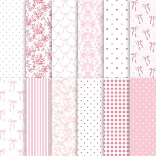 24 Sheets Preppy Pink Bow Scrapbook Paper Coquette Bow Ribbon and Floral Decorative Craft Paper Folded Flat for Birthday Wedding Baby Shower Card Making Photo Album Decor 12 x 12