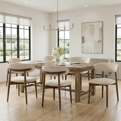 Image of Dining Room Chairs Set of 6, Upholstered Farmhouse Dining Chairs, Modern Fabric Kitchen Chairs with Solid Wood Leg, Beige
