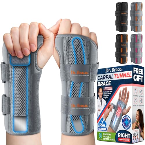 DR. BRACE Adjustable Wrist Brace Night Support for Carpal Tunnel, Doctor Developed, Upgraded with Double Splint & Therapeutic Cushion,Hand Brace for Pain Relief,Injuries,Sprains (L/XL Right Hand, Grey)