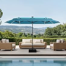 PHI VILLA 13ft Patio Umbrella with 120 PCS Solar-Powered LED Color-Changing Lights, 2-Tier Double-Sided Large Rectanglular Umbrella with Base Included, Blue&Cerulean