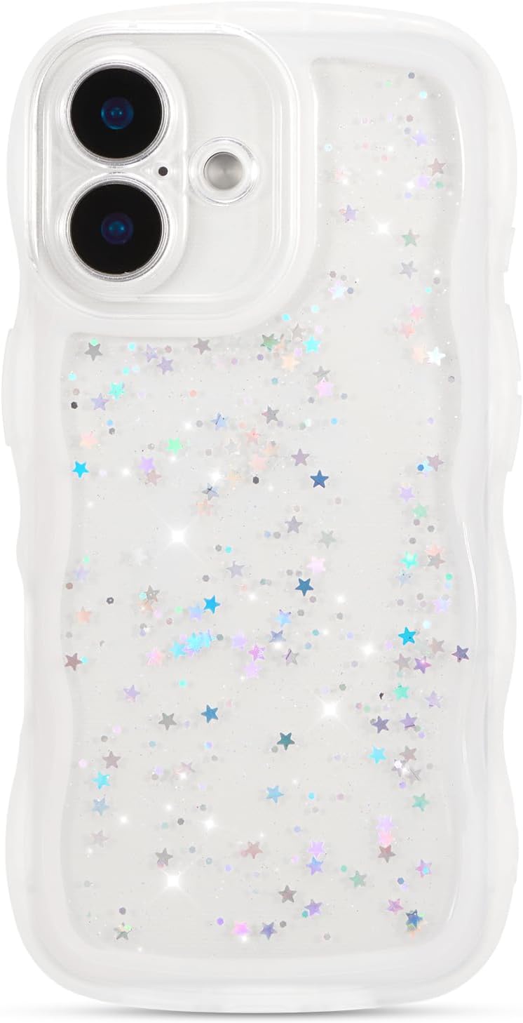 ZTOFERA for iPhone 16 Case 6.1",Cute Curly Wave Case with Star Glitter,Clear Shiny Bling Soft TPU Shockproof Phone Protecive Cover for Women Girls-White