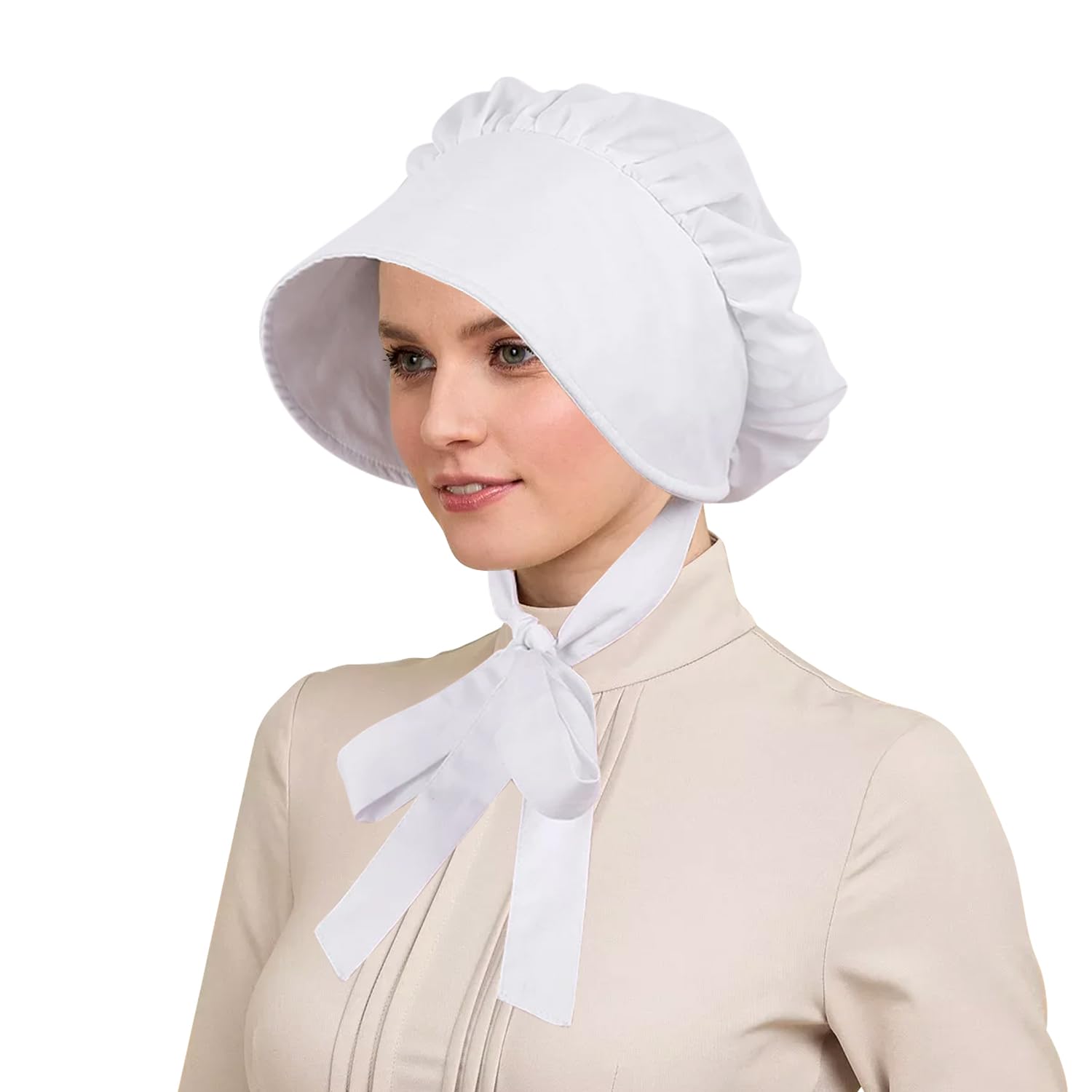 gagift world White Bonnet, Vintage Colonial Hat Costume for Women, Pioneer Bonnet Mob Hat Maid Cap with Adjustable Straps Dress Up Cosplay Accessories for Halloween Thanksgiving, White, Large