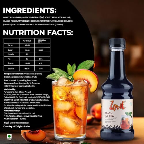 Image of Zone Peach Iced Tea Syrup 300ml | Fresh Natural Flavor for Mocktails, Cocktails, Lemonades, Iced Teas & More | 12+ Flavours