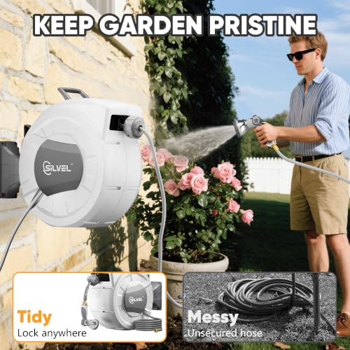 Image of SILVEL Retractable Garden Hose Reel, 5 /8 in x 75ft Wall Mount Heavy Duty Automatic Hose Reel with 10 Pattern Nozzle, Any Length Lock & Slow Return System, 180Swivel Bracket Upgraded UV Resistant