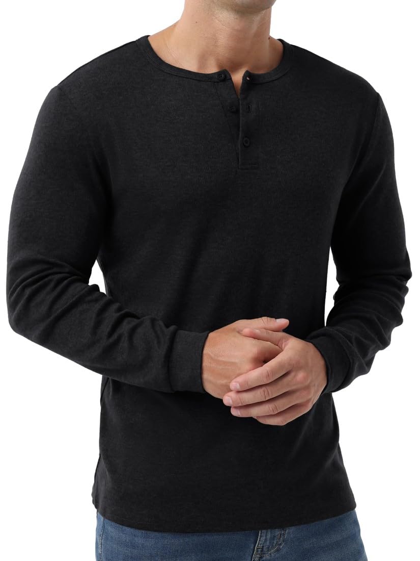 PrinStory Henley T-shirt à manches longues pour homme Coupe ajustée Col en V avec bouton