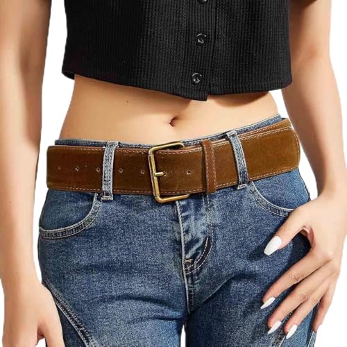 Women Wide Belt for Dresses Western Leather Belts Chunky Suede Belt with Gold Buckle