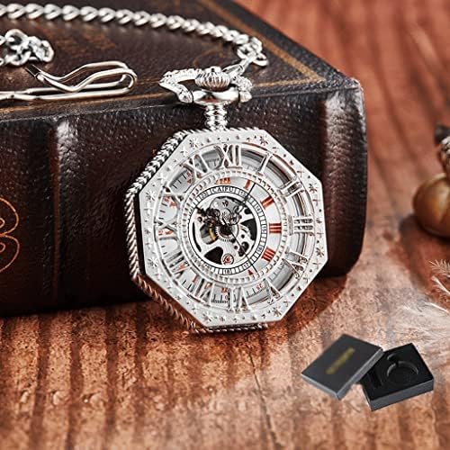 XDCHLK Silver Hollow Roman Numeral Dial Mechanical Pocket Watch with Chain Steampunk Classical Men's Gift (Color : E)
