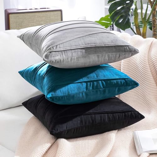 Image of Khooti Velvet Striped Cushion Cover Pack of 1-24 inchX24 inch /61X61 Cm | Sea Blue | Soft Pillow Covers Cushion Case for Sofa Bedroom Living Room Chair Car, Cushion Cover with Zig Zag Pattern