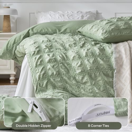 Image of JELLYMONI Seersucker Duvet Cover Set Full, 3pcs Light Green-Grid Polyester | In Guest Room & Studio, Single Upgrades Pick, Crinkled Texture, Oeko-Tex Certified, 8 Corner Ties & Hidden Zipper