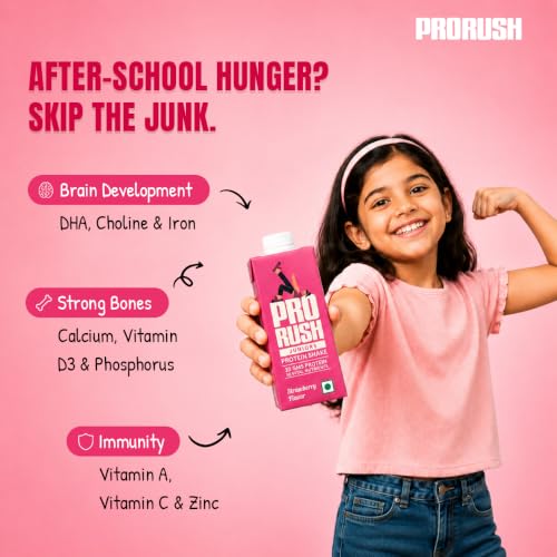 Image of ProRush Strawberry Protein Shake 250ml (Pack of 4) | Ready-to-Drink Protein Beverage with High Protein & Vitamins | Strawberry Flavour | Post Workout & Daily Nutrition Drink