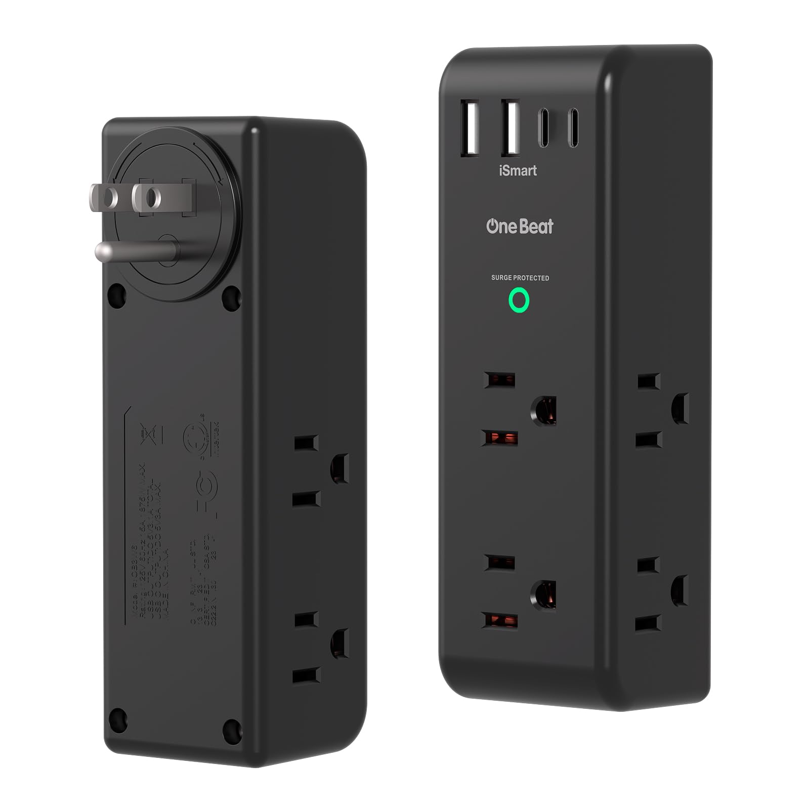2 Pack Surge Protector Outlet Extender with Rotating Plug, 6 AC Multi Plug Outlet with 3 USB Ports (1 USB C), 1800 J, 3-Sided Swivel Power Strip with Spaced Outlet Splitter for Dorm Office, Black