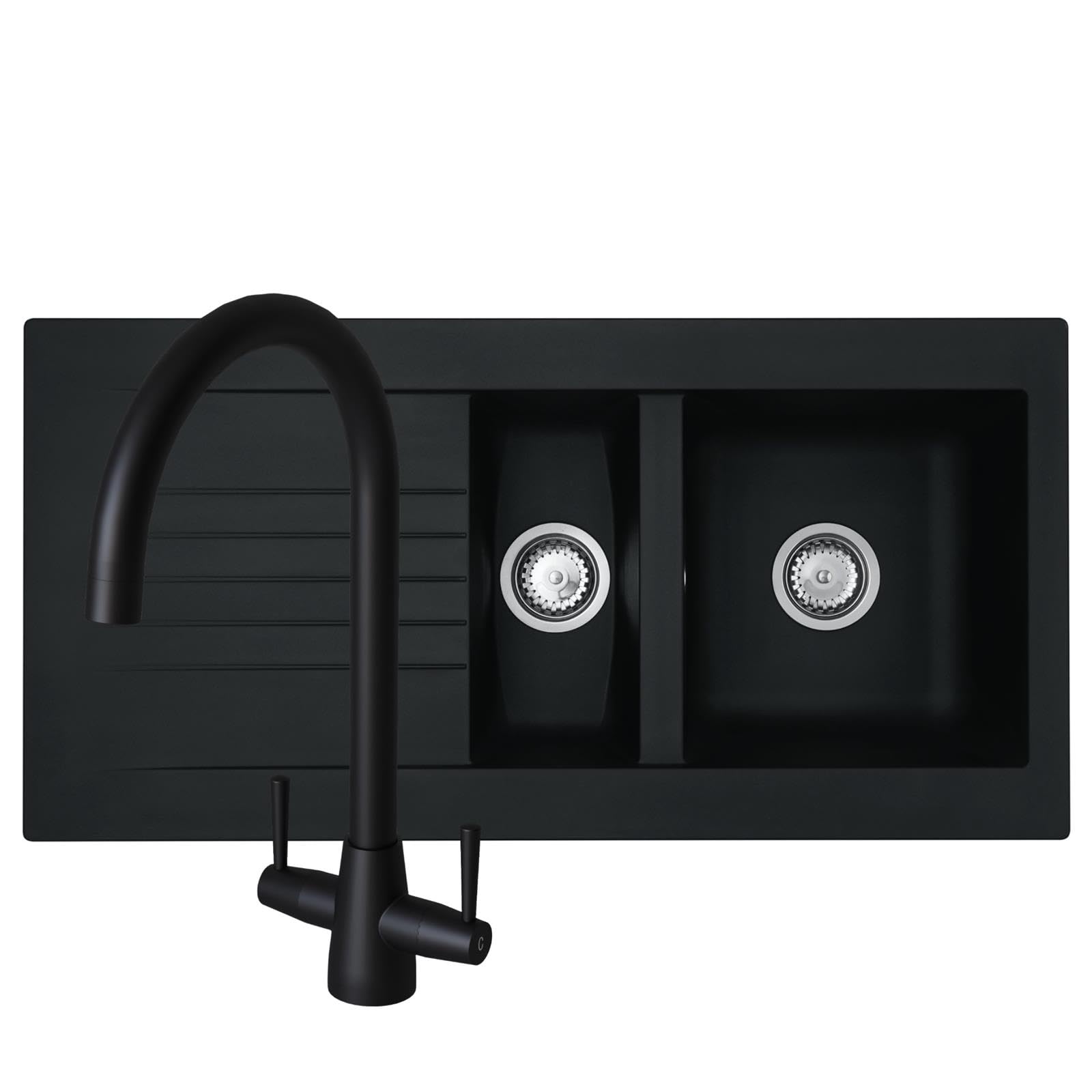 Liquida Black Kav150bl 1.5 Bowl Composite Kitchen Sink And Lu408mb Tap
