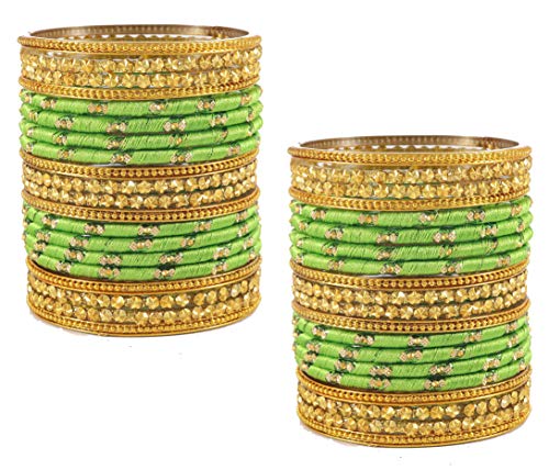 Image of NMII Silk thread Glass Bangle Set for Women (FF70-T-Green-2.4, T-Green, 2.4 Inch, 40 Bangles set)