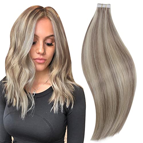 Tape in Hair Extensions Real Human Hair 20 Inch Highighted Blonde Human Hair Exensions Tape in Natural Hair Gray Blonde Highight Blonde Remy Tape Ins 50g/20pcs