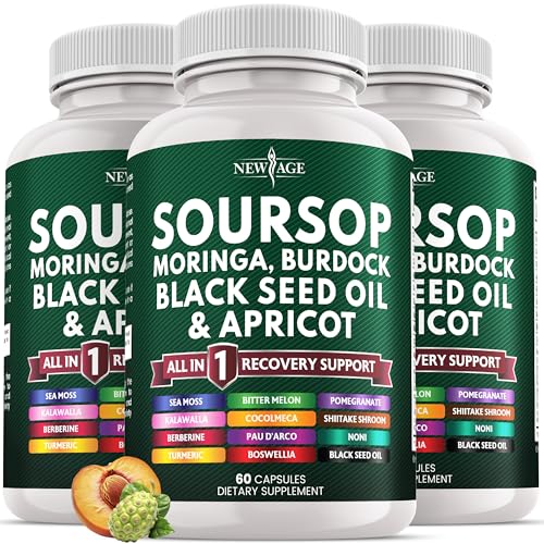 Image of NEW AGE Soursop Supplement - Moringa, Sea Moss, Black Seed Oil, Berberine, Turmeric, Apricot, Quercetin, Greens, Bitters, Boswellia, Bitter Melon, Burdock Root - 180 Capsules