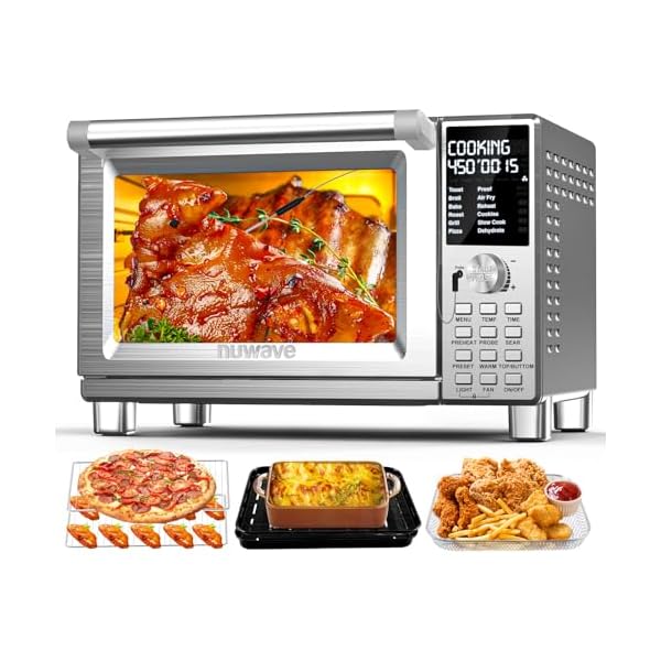 Nuwave Bravo Pro Smart Toaster Oven Countertop, True Air Fryer Combo w/Improved 100% Convection, 35% Crispier, 112 Presets, Customizable Pizza Zones, Integrated Probe, PFAS Free, 30QT, Stainless Steel