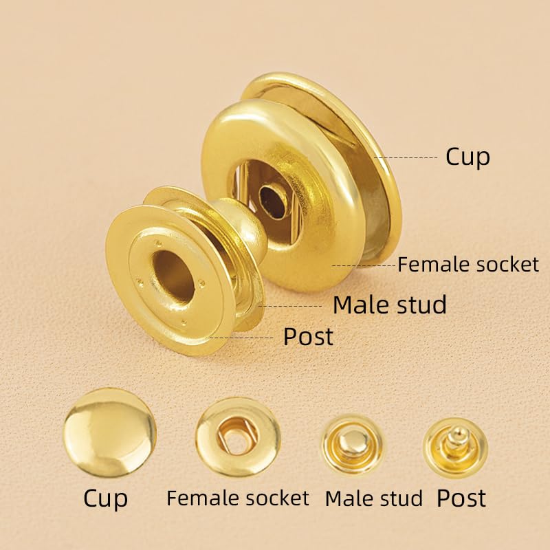 WUTA Lot de 100 boutons-pression en laiton massif pour vêtements, vestes, jeans, sacs (or clair, 15 mm)