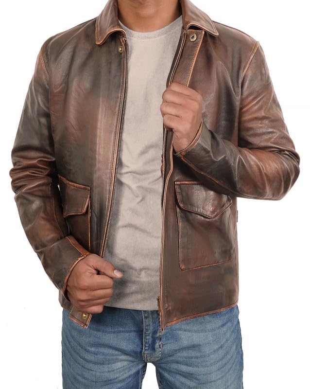 Mens Distressed Brown Leather Bomber Jacket - Vintage Classic Genuine Leather Coat for Men3