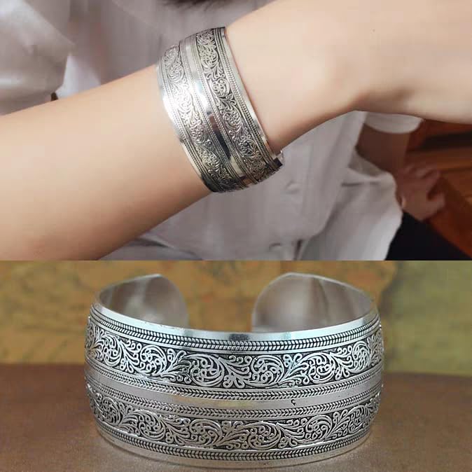 1Pc Silver Tibeten Silver Carved Spiral Flower Connecting Branches Pattern Wide Band Open Cuff Bracelet Bangle Size adjustable Cuff Bracelets for Women2