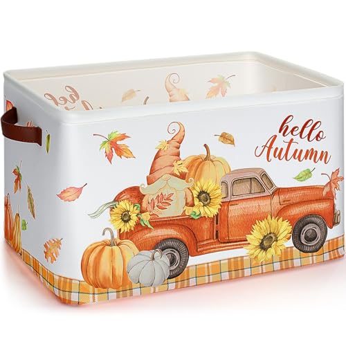 Seeloowy Fall Truck Basket Hello Autumn Thanksgiving Basket For Gifts Empty Fall Gnome Pumpkins Maple Leaves Bins For Clothes Toy Thanksgiving Storage Box For Home Nursery Laundry Bookshelf Organizer